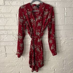 MAROON/BURGUNDY FLORAL BUTTON-UP LONG SLEEVE T-SHIRT DRESS, SIZE LARGE
